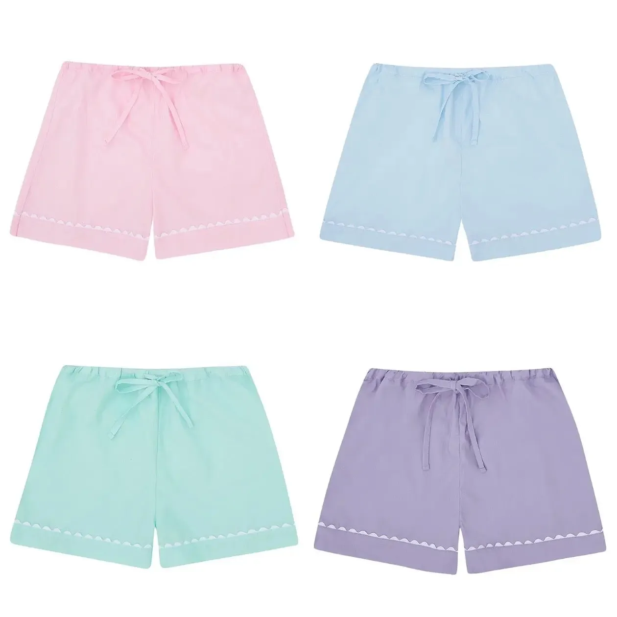 100% Cotton Poplin Lilac Pyjama Shorts With White Ric Rac Detailing
