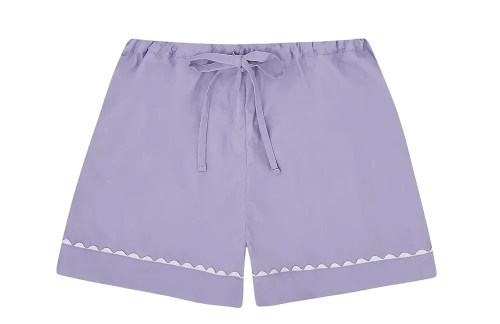 100% Cotton Poplin Lilac Pyjama Shorts With White Ric Rac Detailing