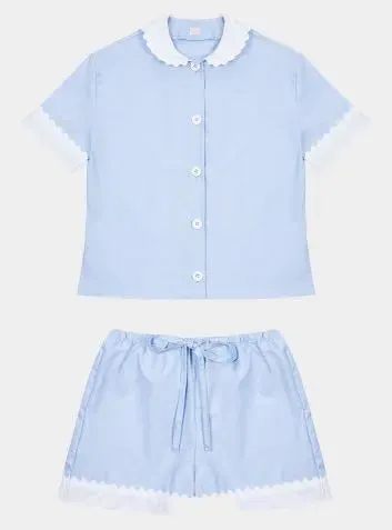 100% Cotton Poplin Pyjamas in Blue With White Contrasting Collar and Cuffs With Ric Rac Trim