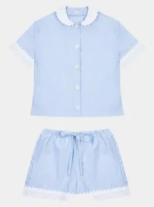 100% Cotton Poplin Pyjamas in Blue With White Contrasting Collar and Cuffs With Ric Rac Trim