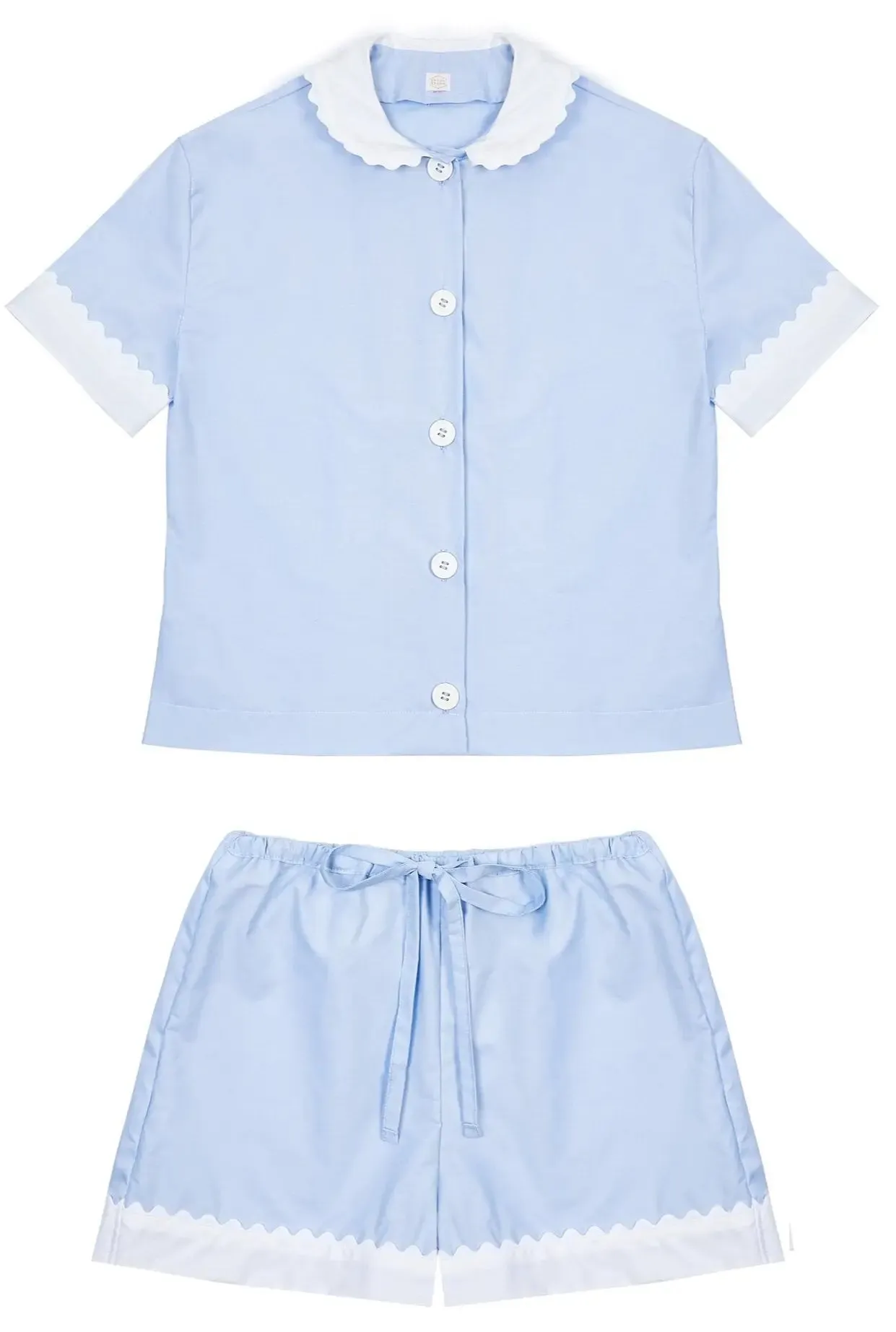 100% Cotton Poplin Pyjamas in Blue With White Contrasting Collar and Cuffs With Ric Rac Trim