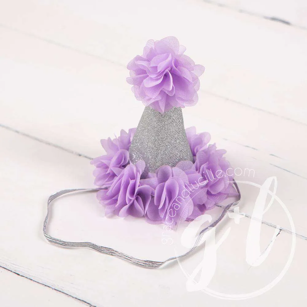 1st Birthday Outfit "FOUR" Crown Purple Polka Dot Long Sleeve Dress & Purple/Silver Party Hat