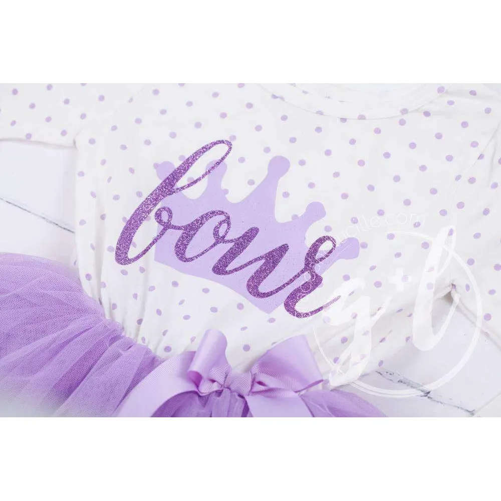 1st Birthday Outfit "FOUR" Crown Purple Polka Dot Long Sleeve Dress & Purple/Silver Party Hat