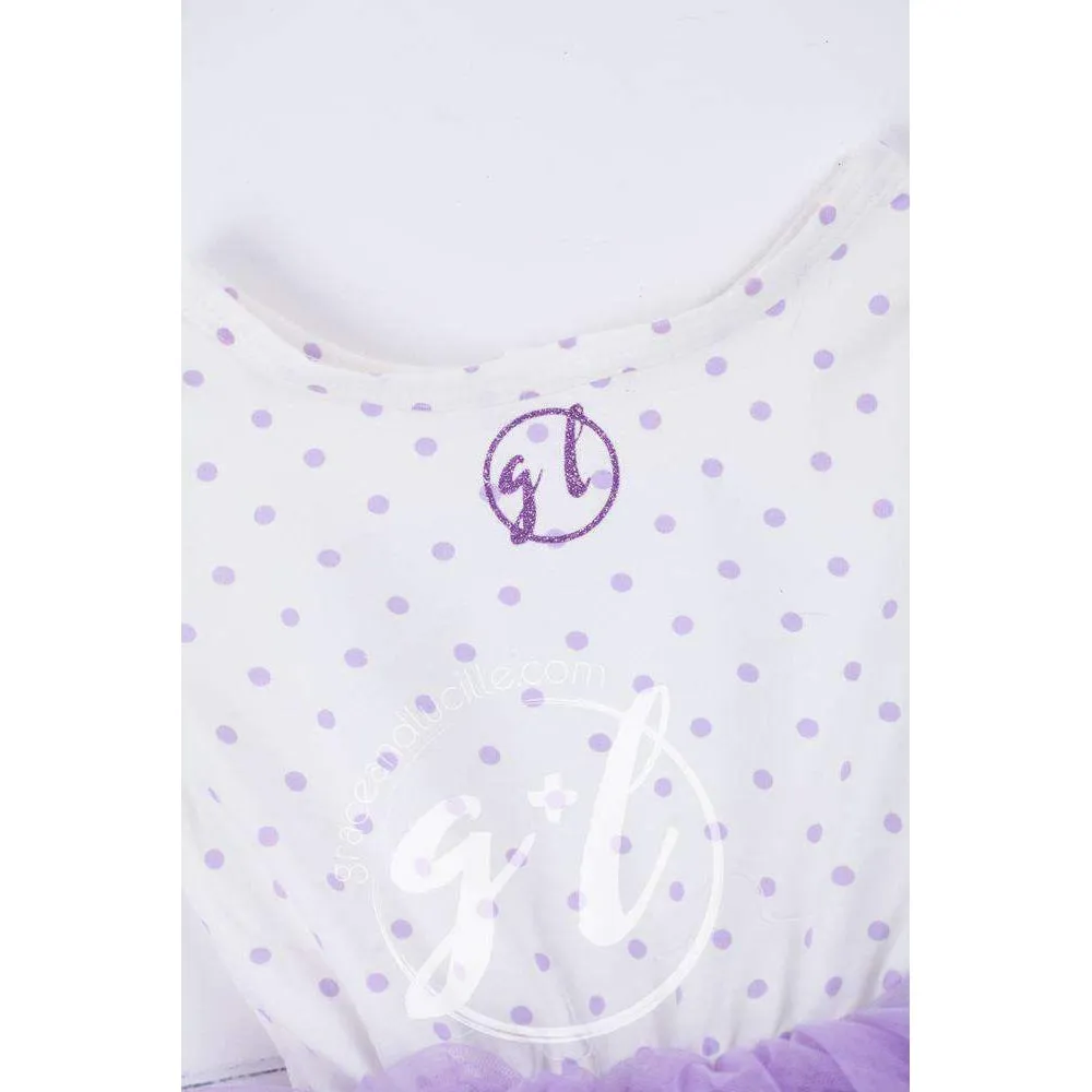 1st Birthday Outfit "FOUR" Crown Purple Polka Dot Long Sleeve Dress & Purple/Silver Party Hat