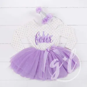1st Birthday Outfit "FOUR" Crown Purple Polka Dot Long Sleeve Dress & Purple/Silver Party Hat