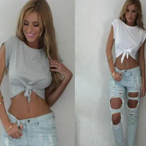 Bare Midriff Bowknot Short Sleeves Scoop Top T-shirt