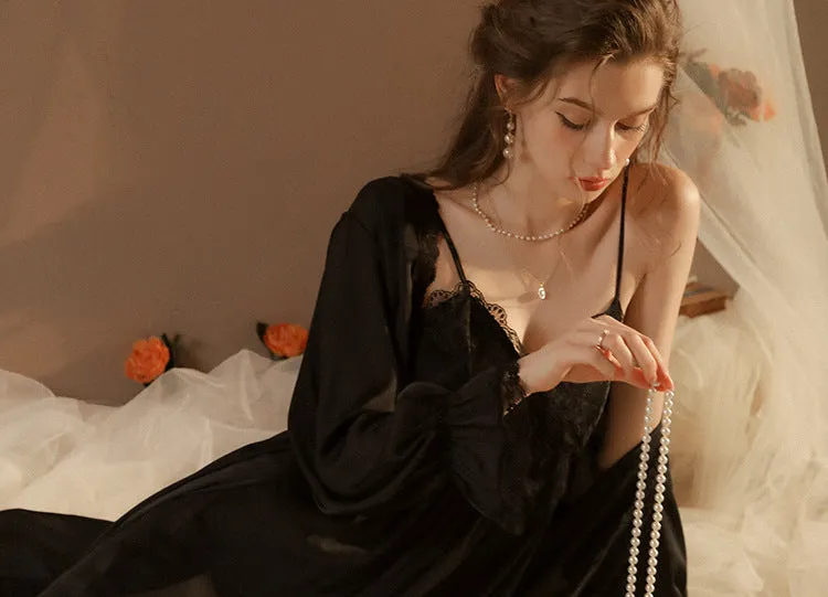 Black Satin 2 Piece Wedding Nightdress for Bride