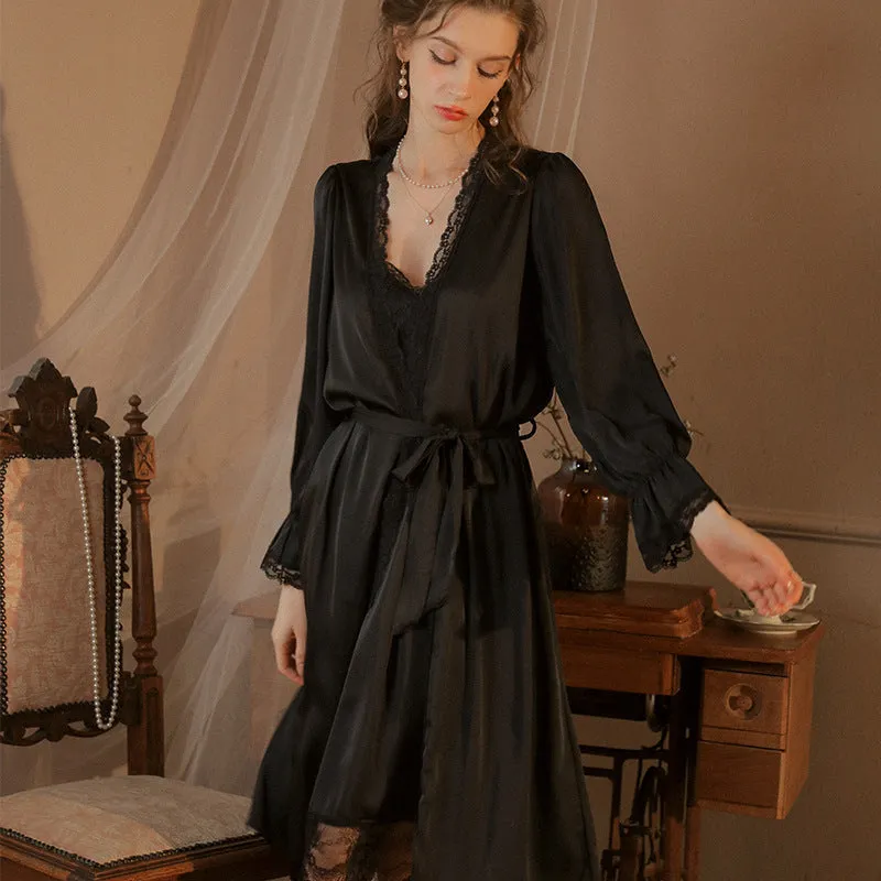 Black Satin 2 Piece Wedding Nightdress for Bride