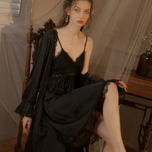 Black Satin 2 Piece Wedding Nightdress for Bride