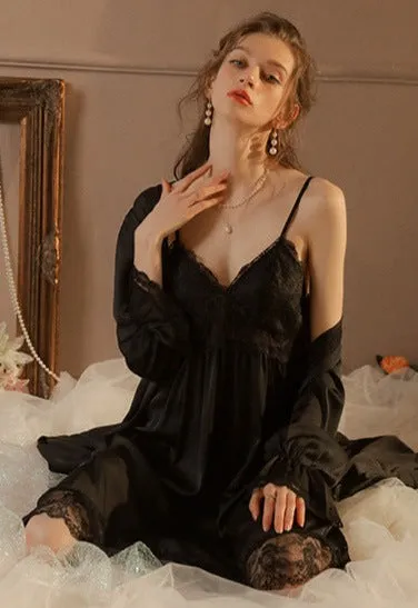 Black Satin 2 Piece Wedding Nightdress for Bride