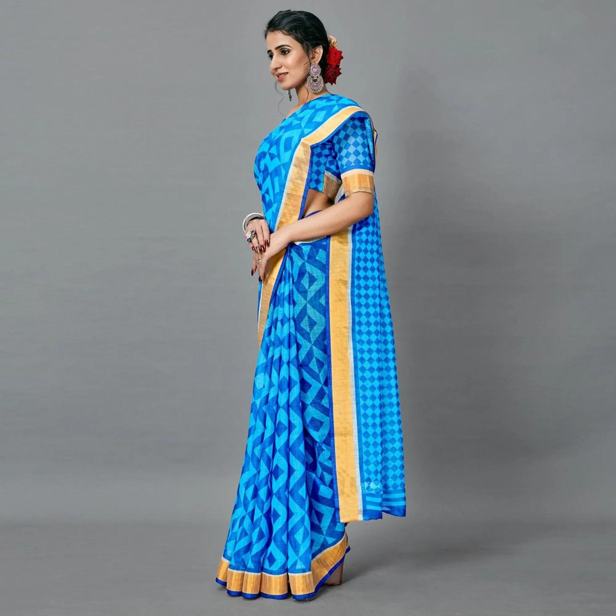 Blue Casual Pure Linen Digital Print Saree With Unstitched Blouse