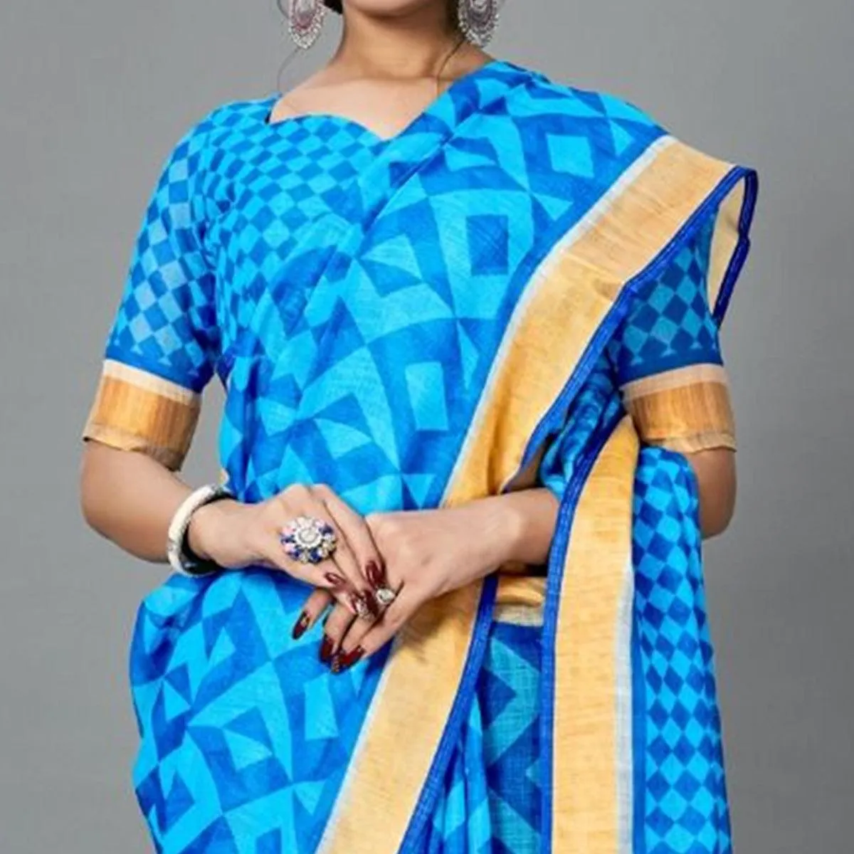 Blue Casual Pure Linen Digital Print Saree With Unstitched Blouse