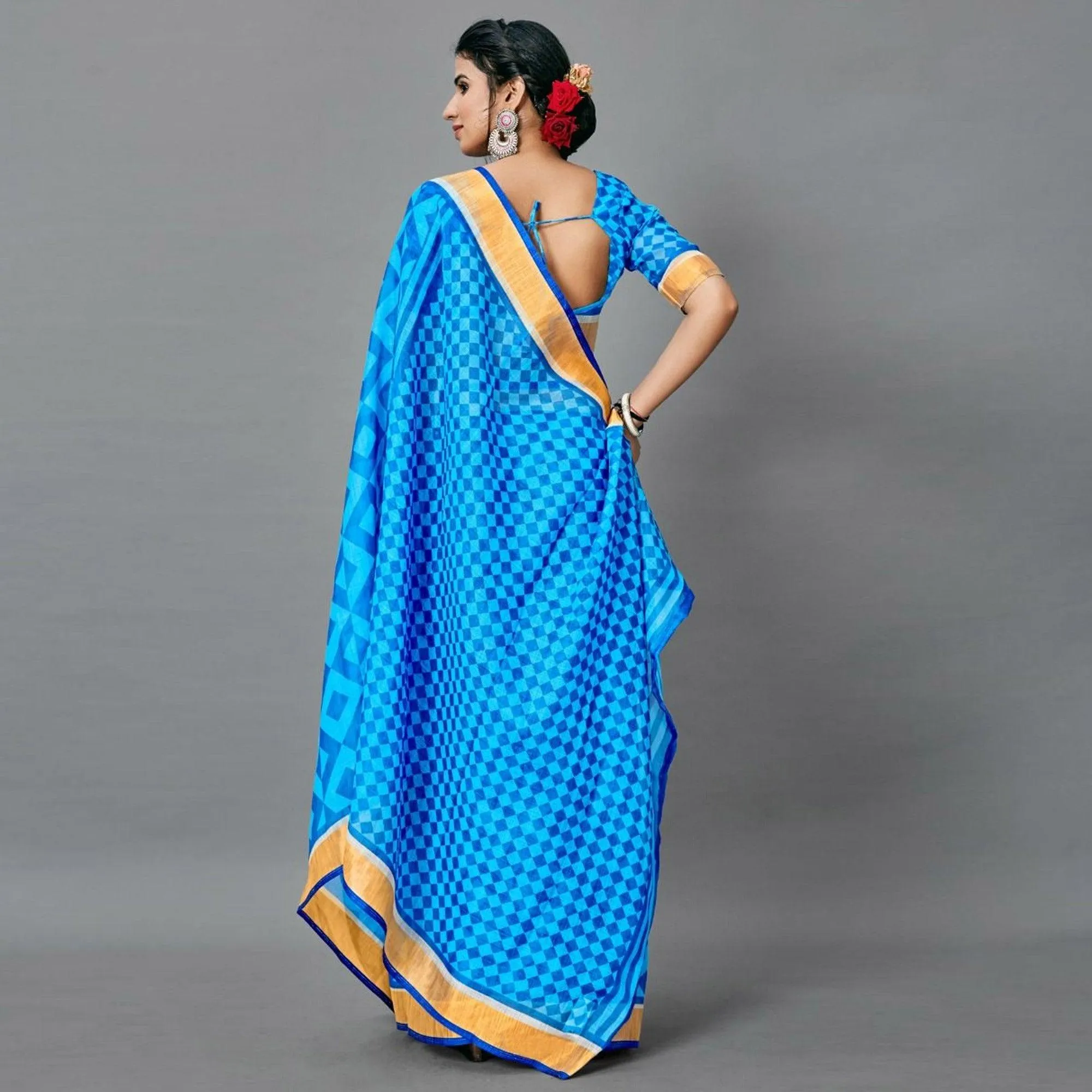 Blue Casual Pure Linen Digital Print Saree With Unstitched Blouse