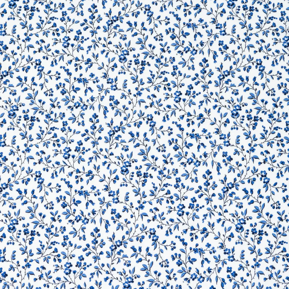 Blue Floral Printed White Pure Poplin Cotton