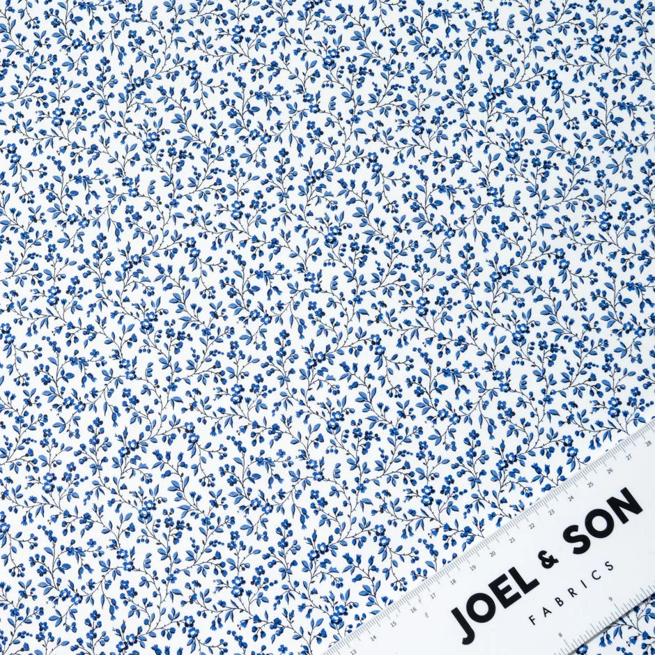 Blue Floral Printed White Pure Poplin Cotton