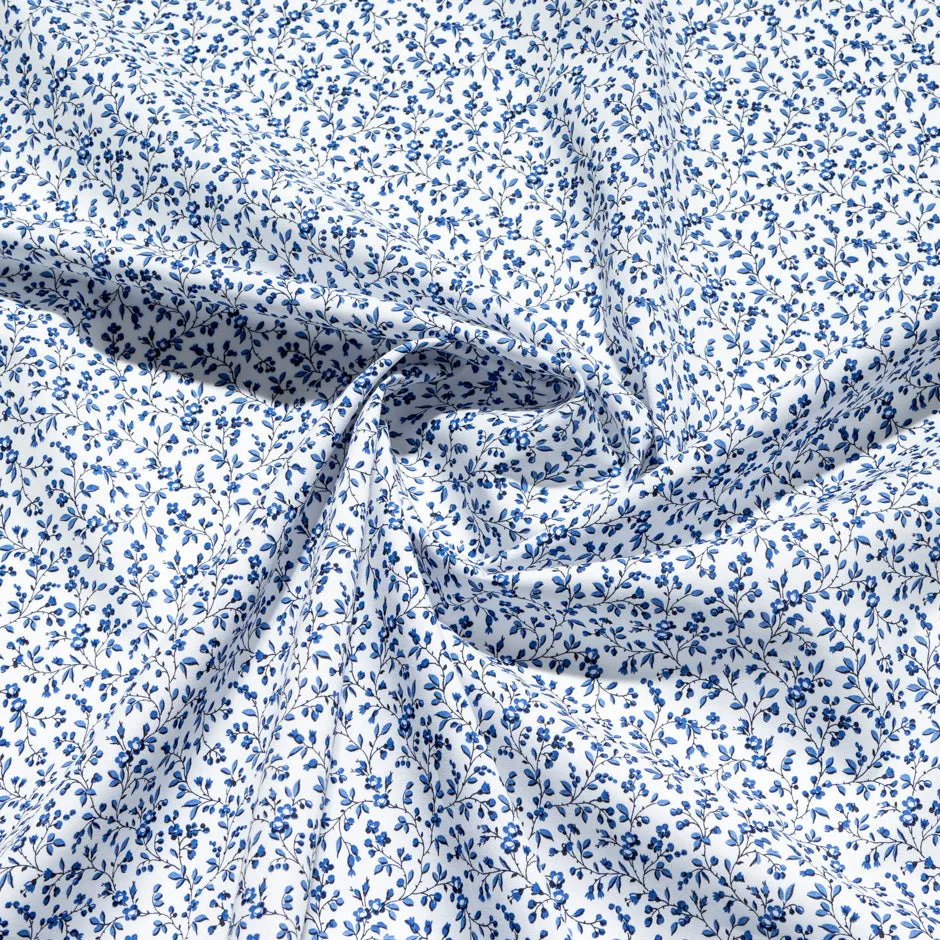 Blue Floral Printed White Pure Poplin Cotton