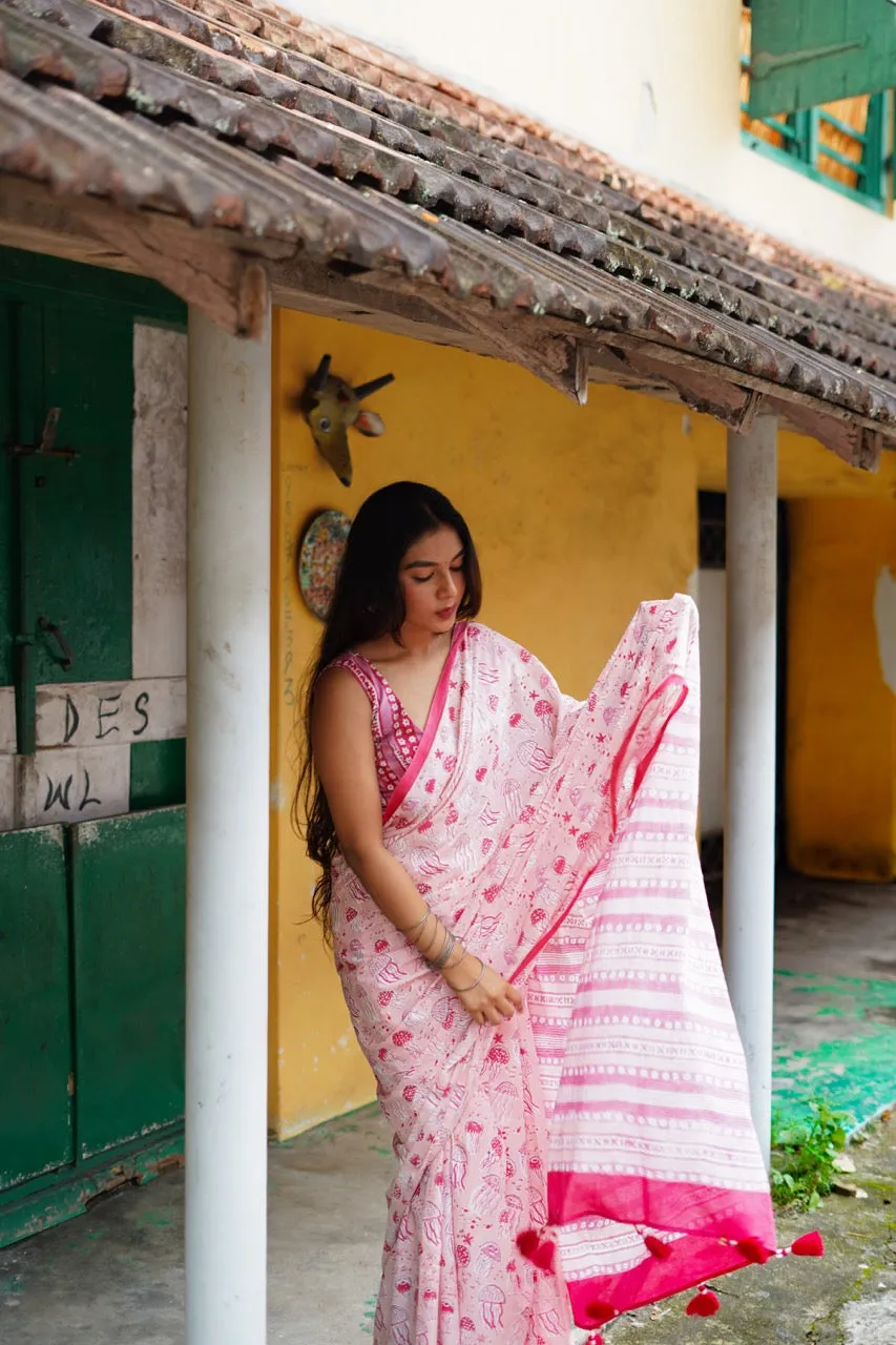 BLUSH JELLYFISH ELEGANCE - Mul Cotton Saree