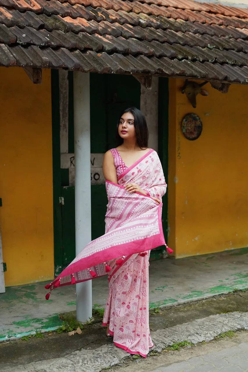 BLUSH JELLYFISH ELEGANCE - Mul Cotton Saree