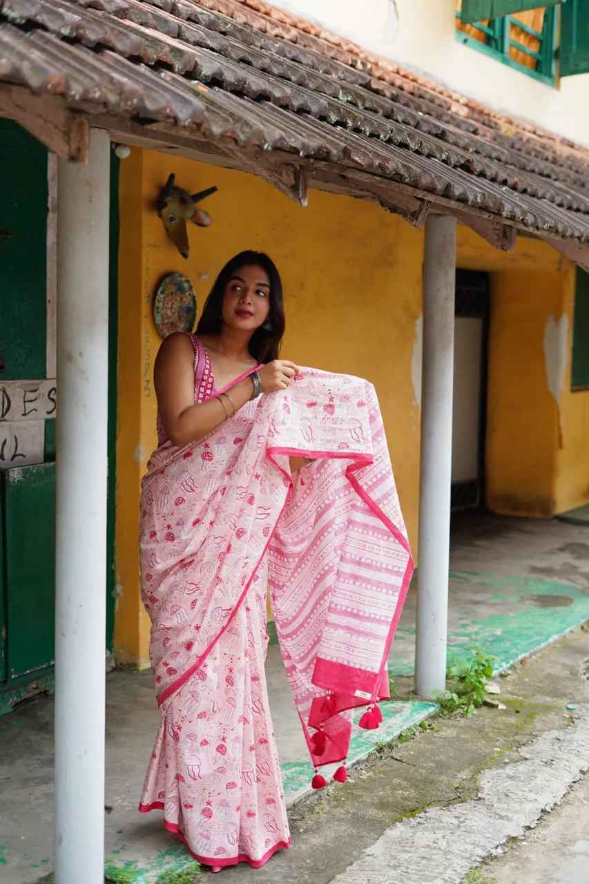 BLUSH JELLYFISH ELEGANCE - Mul Cotton Saree