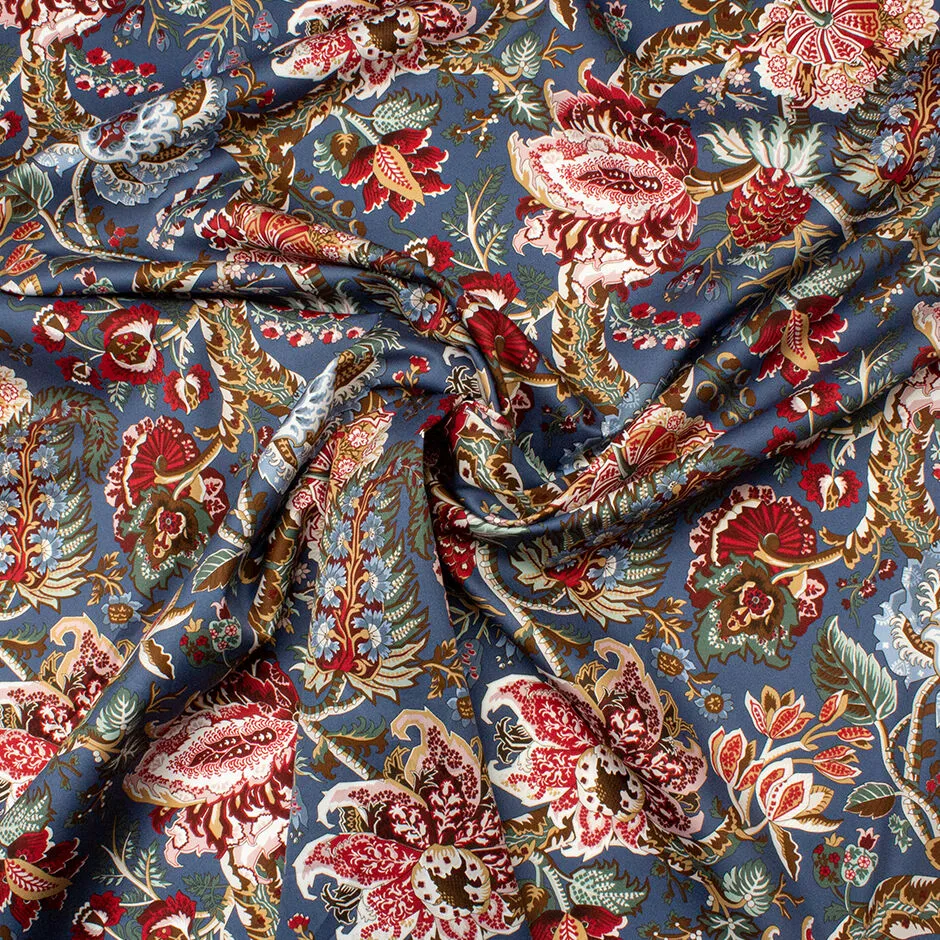 Bold Red & Pink Floral Printed Blue Shirting Cotton