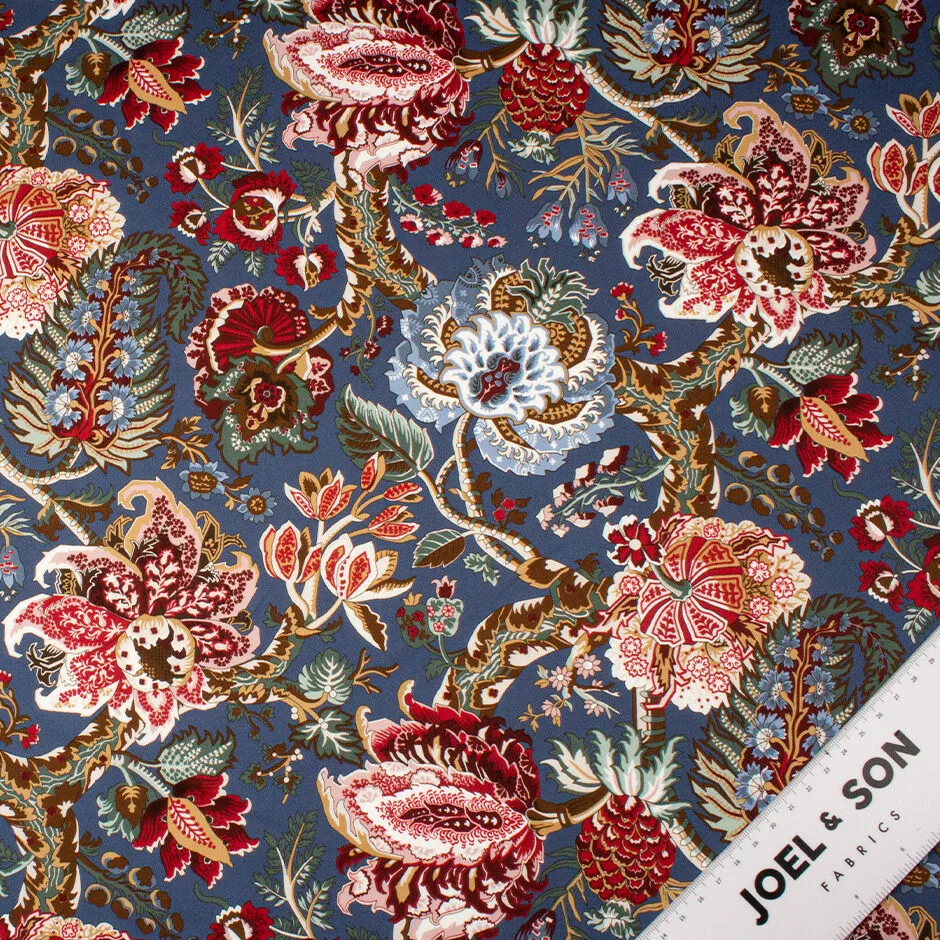 Bold Red & Pink Floral Printed Blue Shirting Cotton