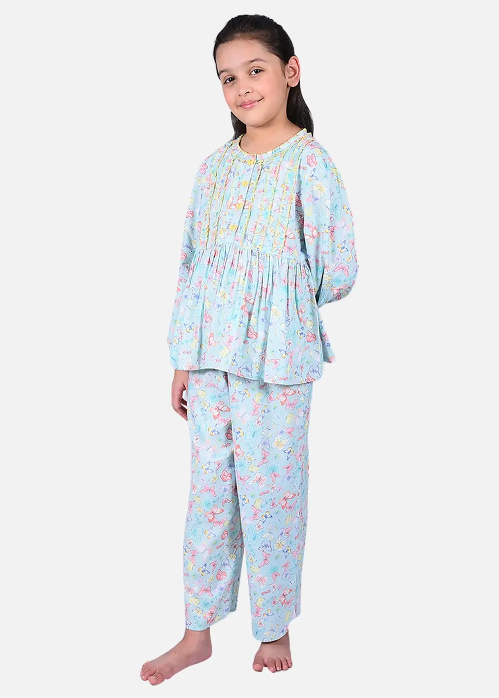 Butterfly Printed Rushed Frilled Nightwear