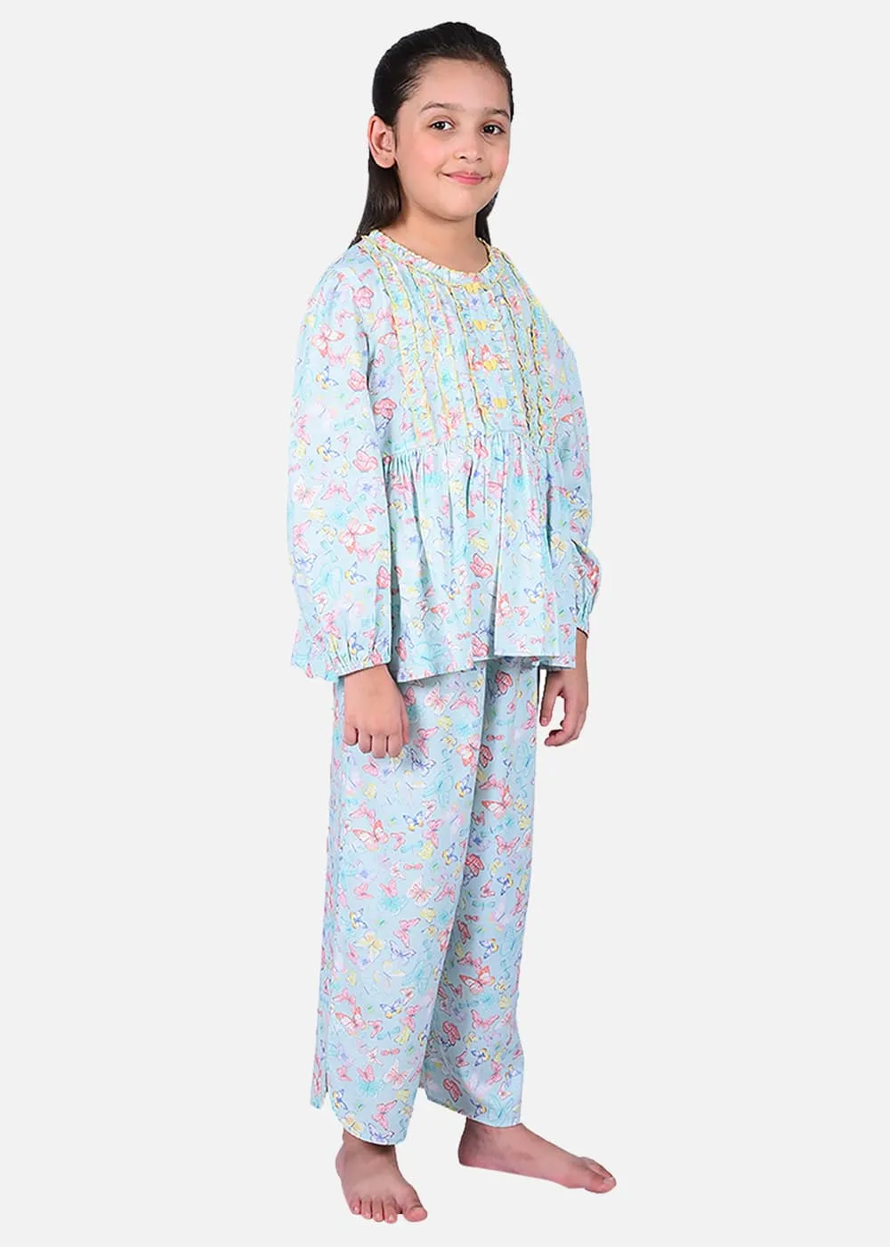 Butterfly Printed Rushed Frilled Nightwear