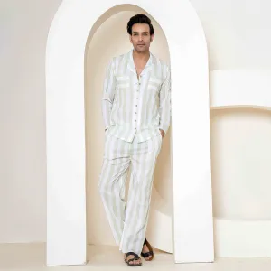 Cambric Cotton Loungewear Set for Men | Green & White | Striped