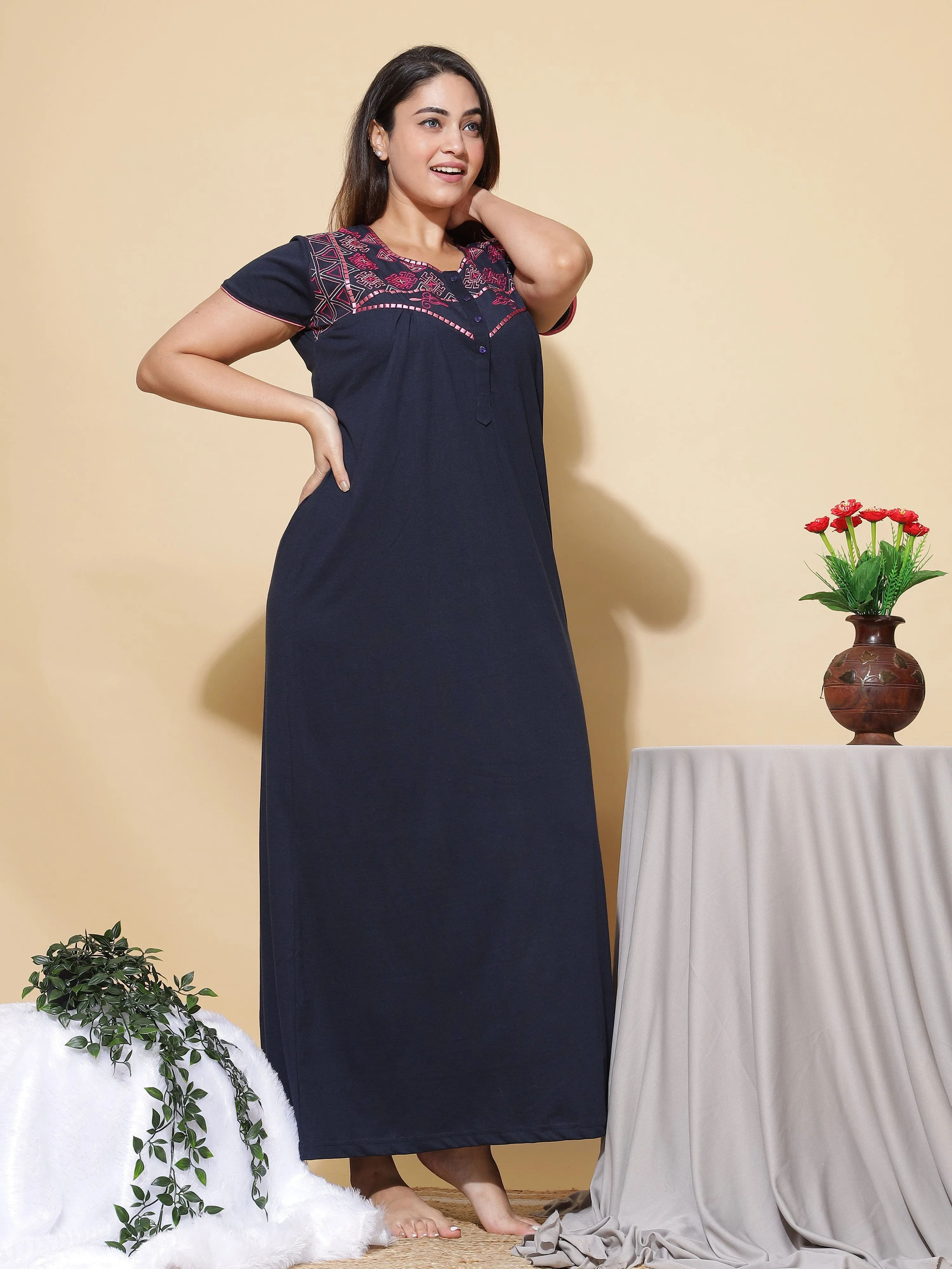 Cotton Blend Designer Navy Blue Nighty