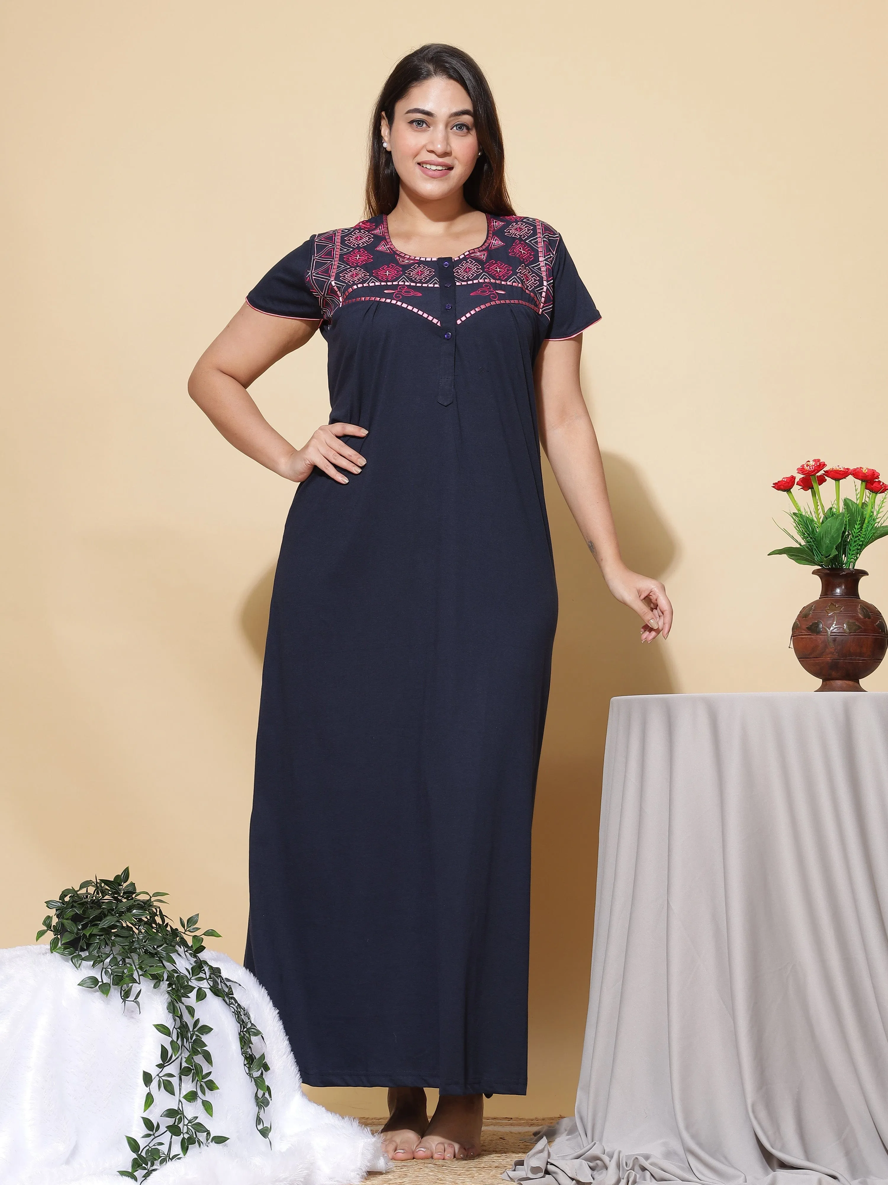 Cotton Blend Designer Navy Blue Nighty