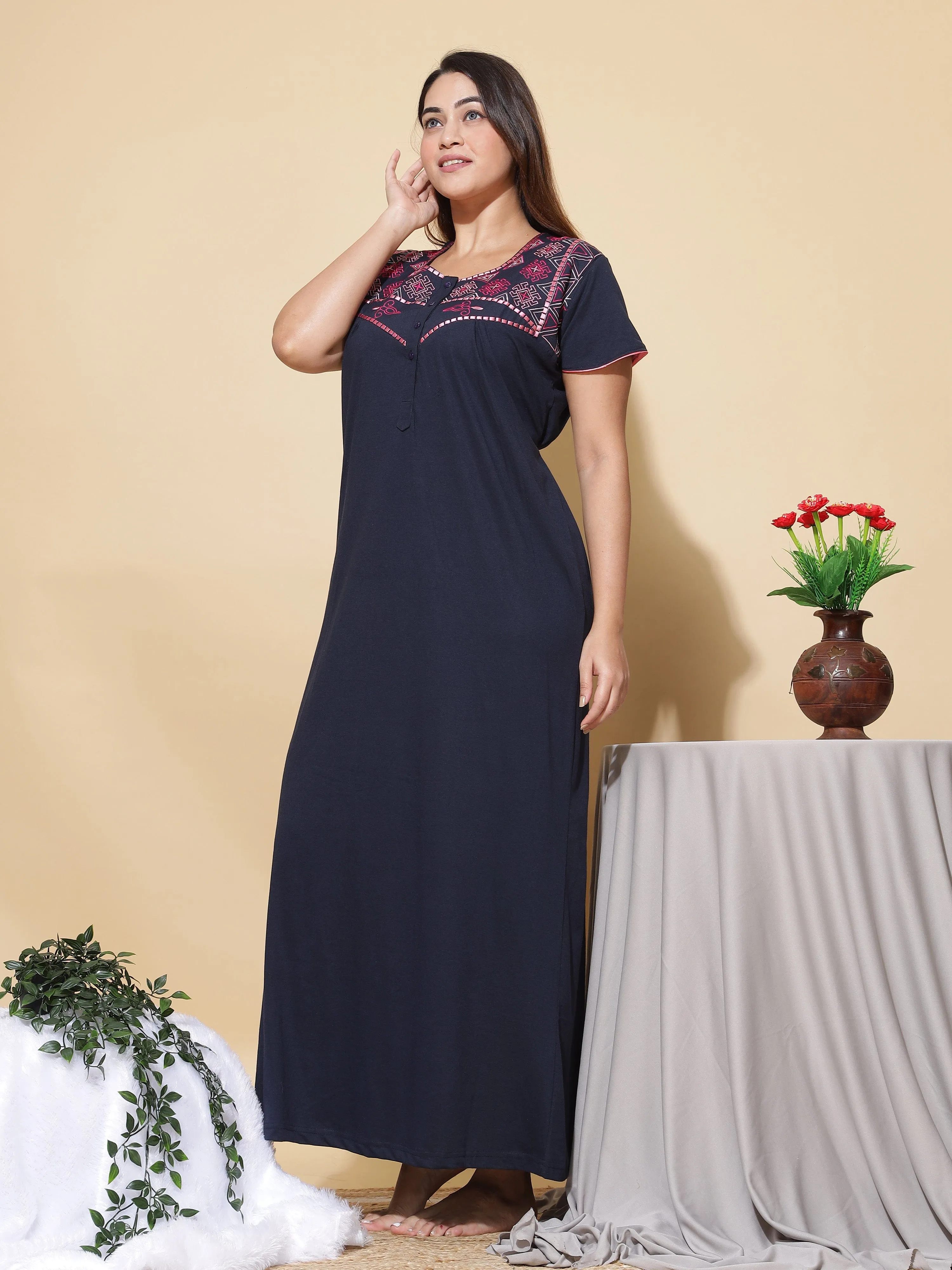Cotton Blend Designer Navy Blue Nighty