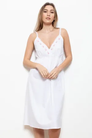 Cottonreal Hope Sleeveless Nightdress in White with Rose Embroidery