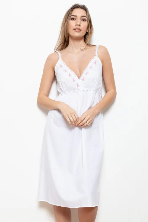 Cottonreal Hope Sleeveless Nightdress in White with Rose Embroidery