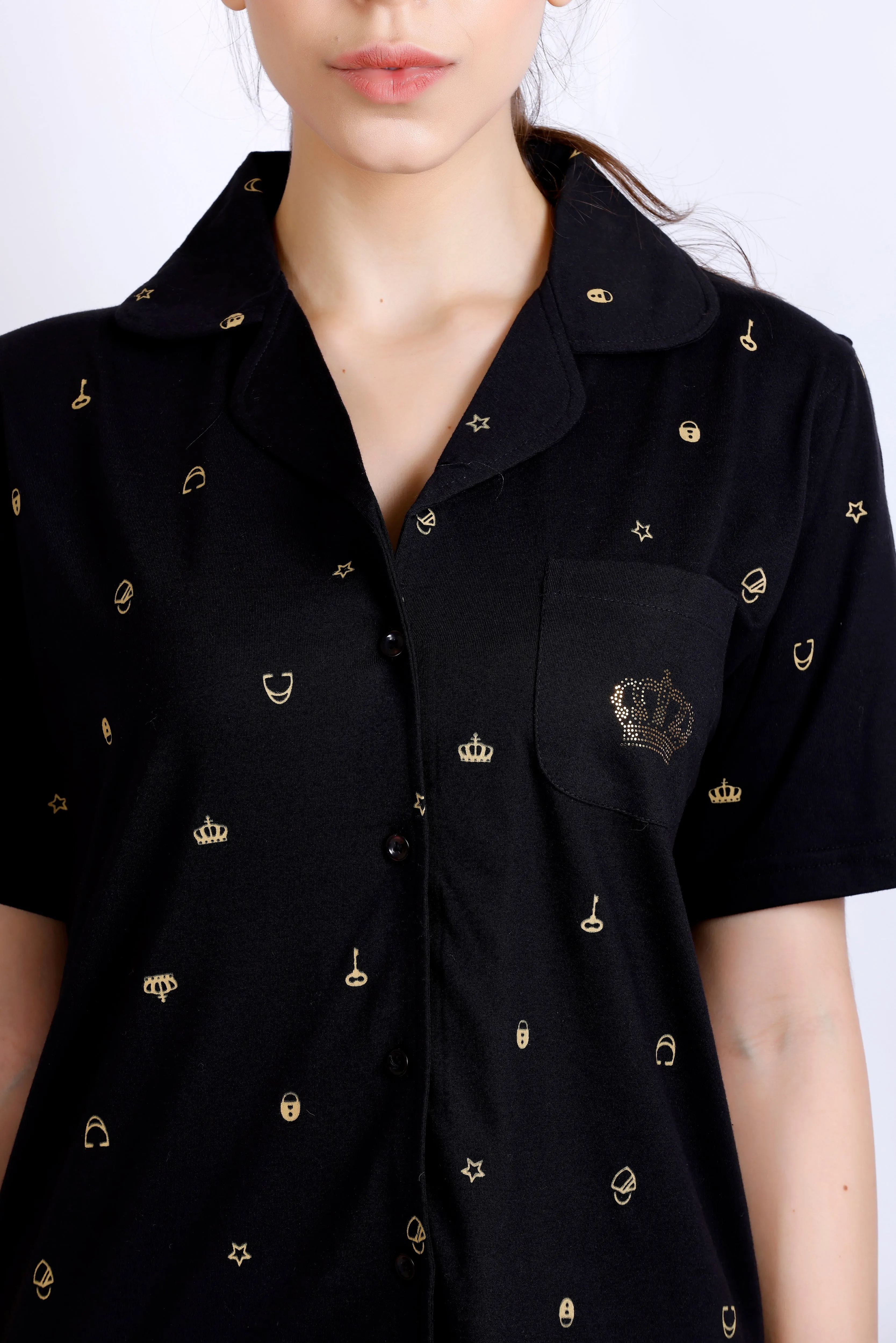 Crown embelished black printed night suit