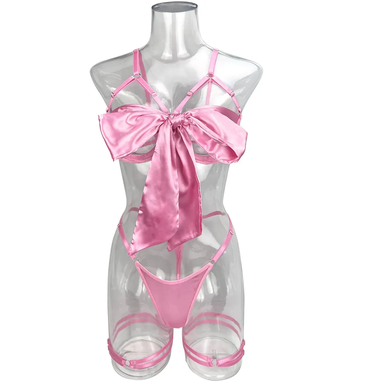 Cut Out Bow Lingerie Set 4 Colors Satin Cute Erotic Set Solid Brief Underwear Set Nightwear