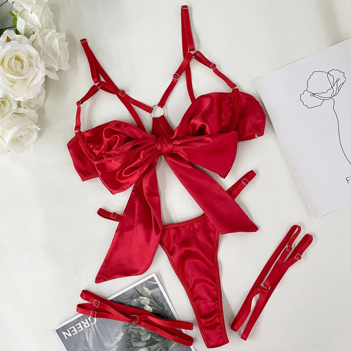 Cut Out Bow Lingerie Set 4 Colors Satin Cute Erotic Set Solid Brief Underwear Set Nightwear