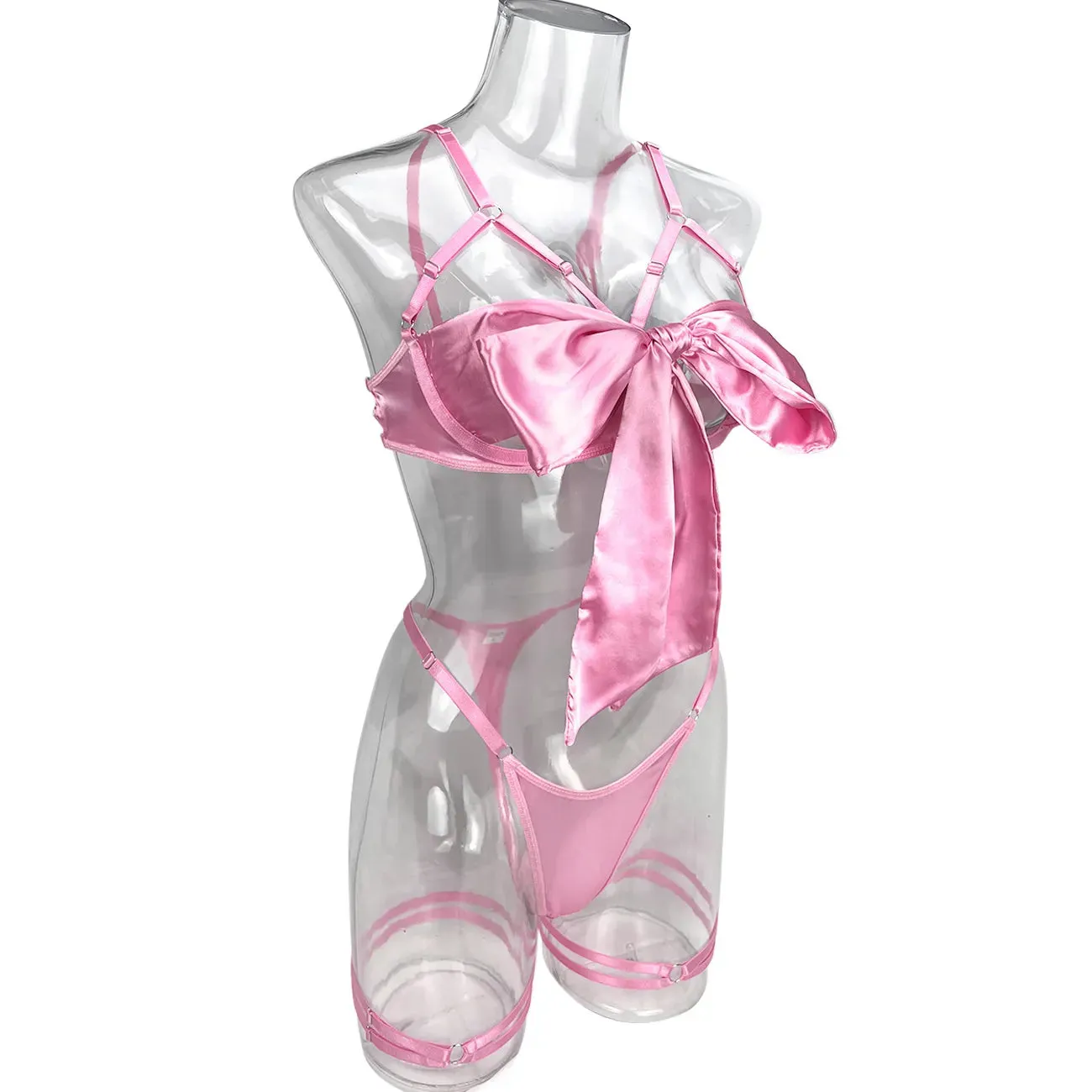 Cut Out Bow Lingerie Set 4 Colors Satin Cute Erotic Set Solid Brief Underwear Set Nightwear