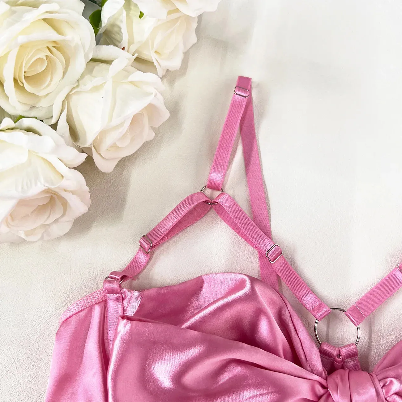 Cut Out Bow Lingerie Set 4 Colors Satin Cute Erotic Set Solid Brief Underwear Set Nightwear