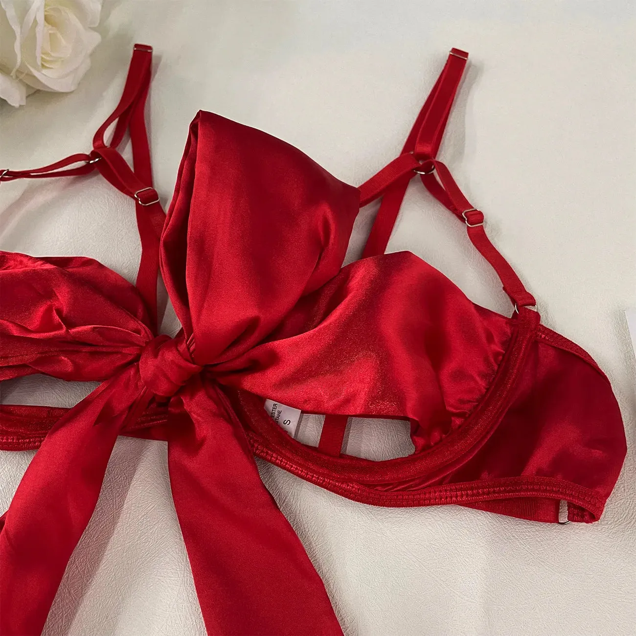 Cut Out Bow Lingerie Set 4 Colors Satin Cute Erotic Set Solid Brief Underwear Set Nightwear