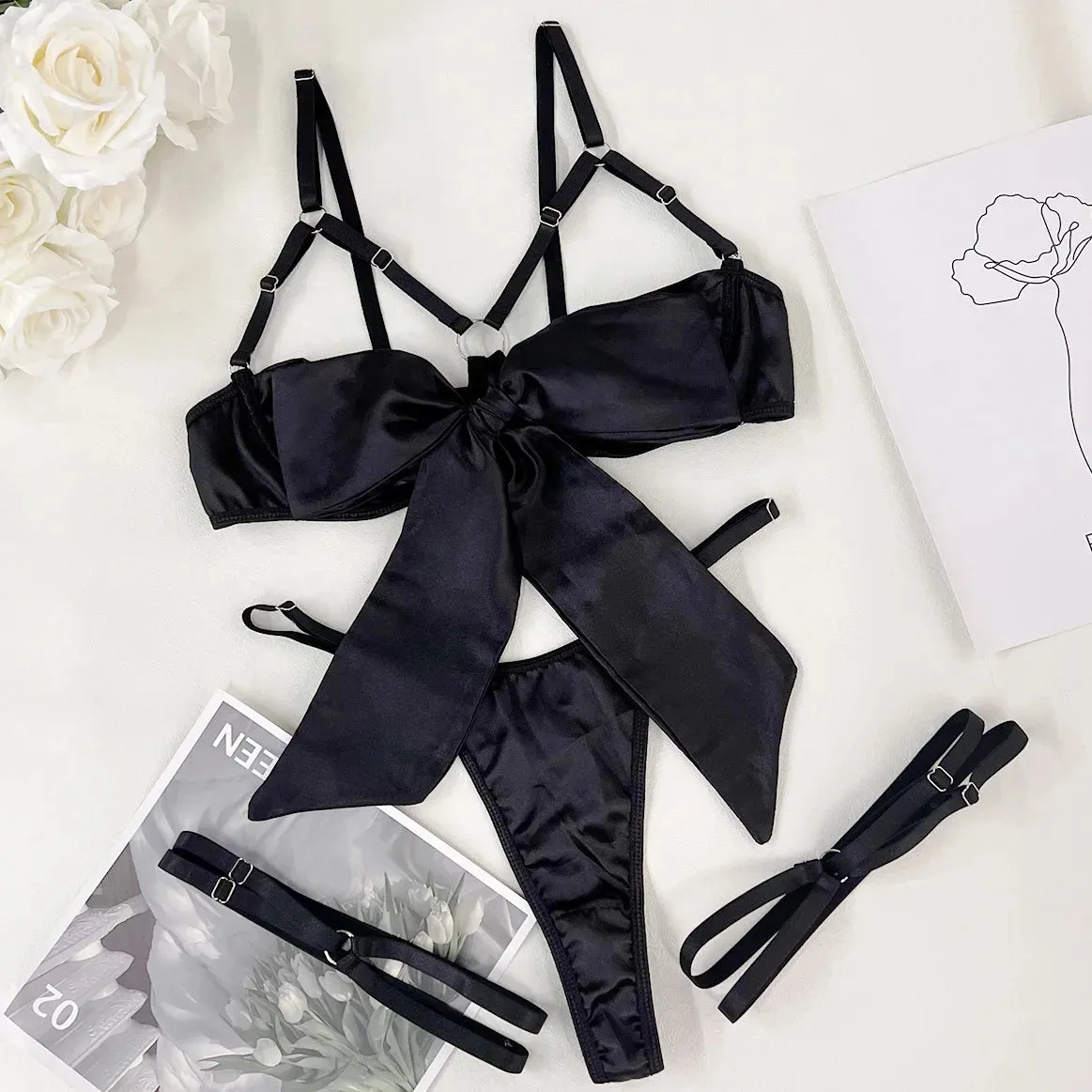 Cut Out Bow Lingerie Set 4 Colors Satin Cute Erotic Set Solid Brief Underwear Set Nightwear