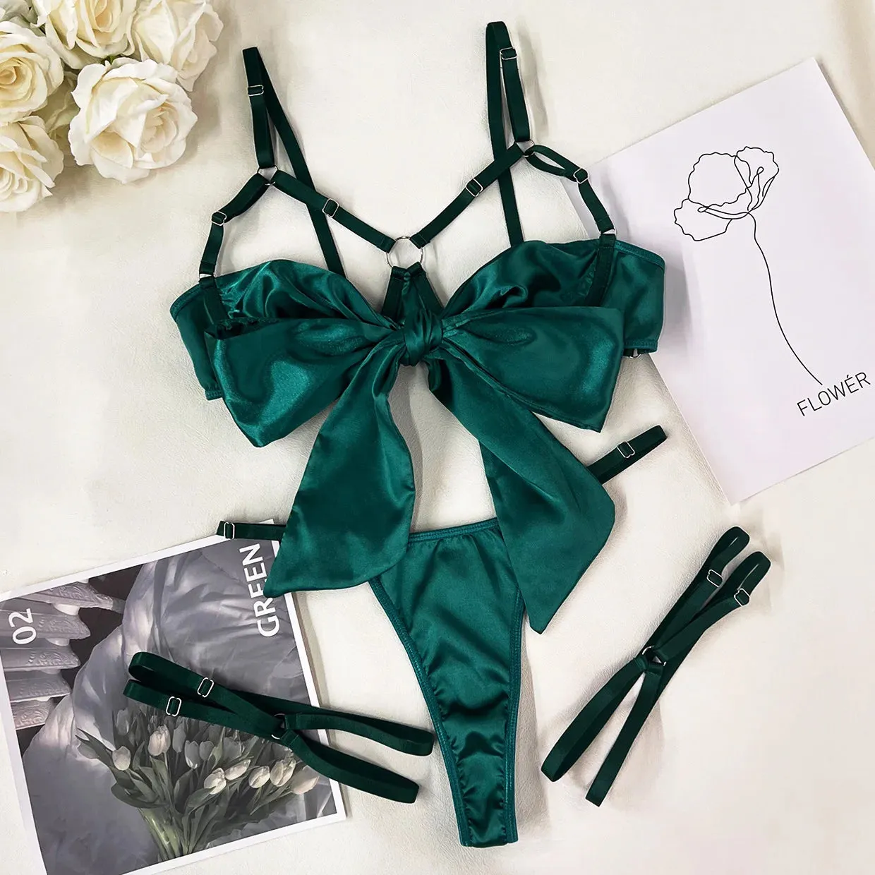Cut Out Bow Lingerie Set 4 Colors Satin Cute Erotic Set Solid Brief Underwear Set Nightwear