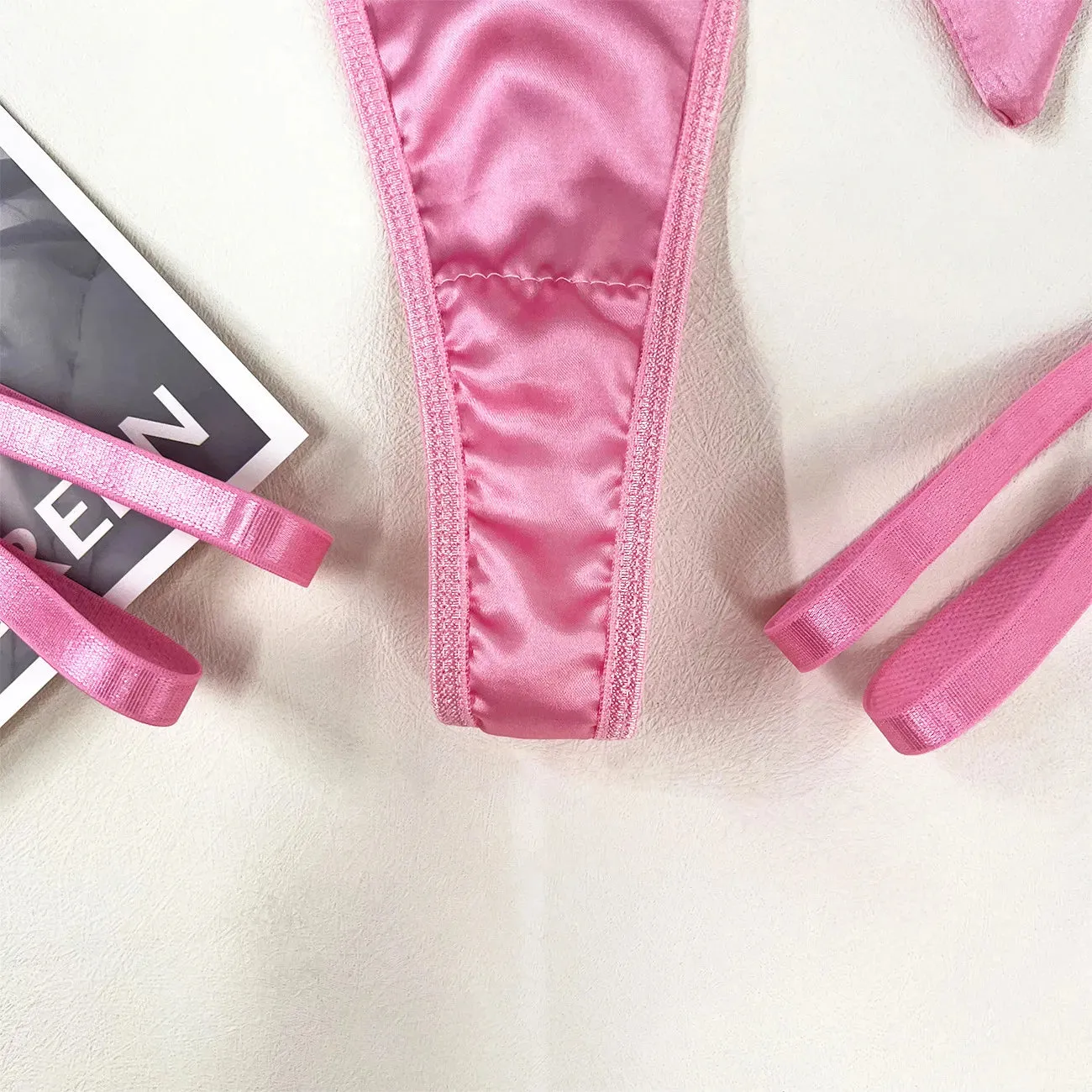 Cut Out Bow Lingerie Set 4 Colors Satin Cute Erotic Set Solid Brief Underwear Set Nightwear