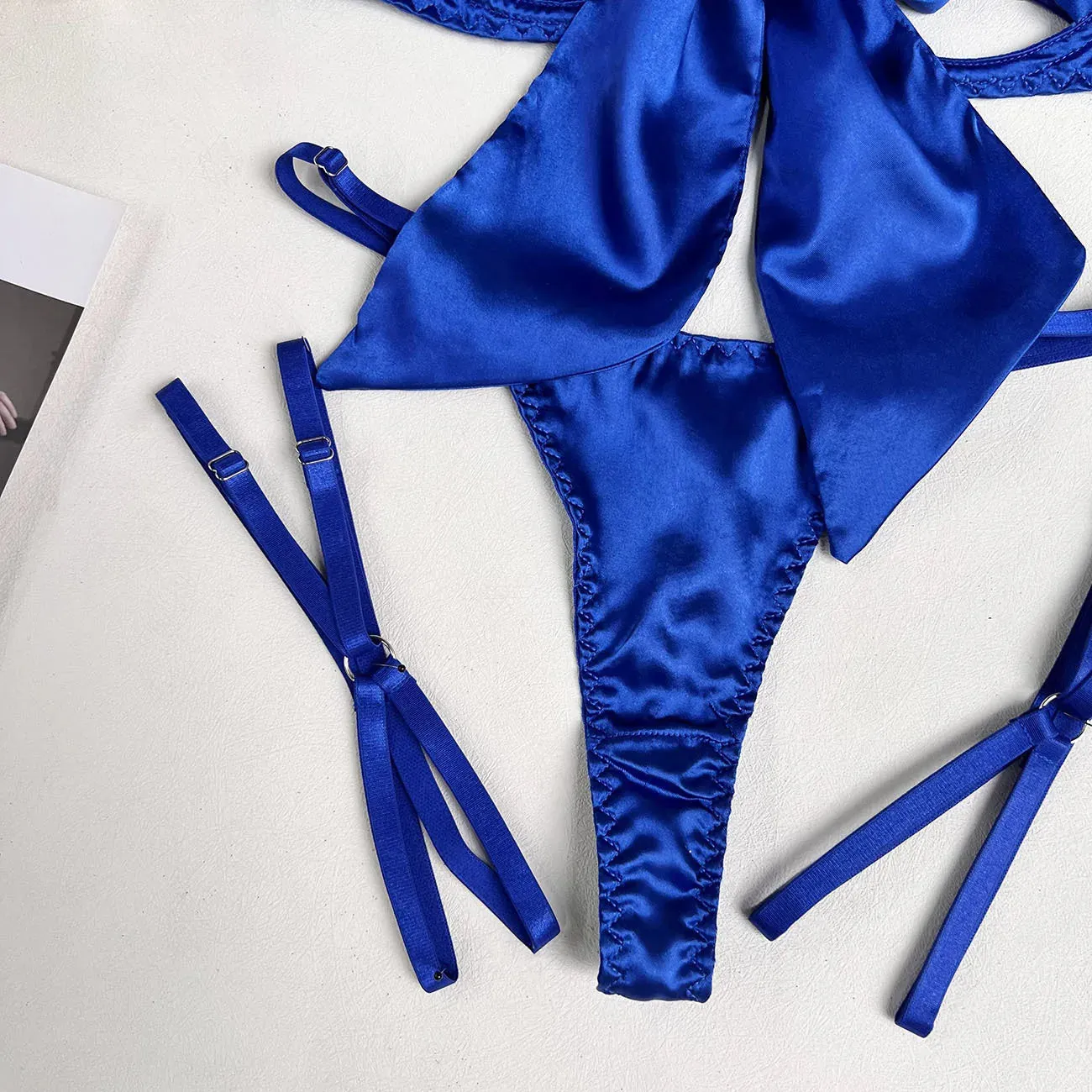 Cut Out Bow Lingerie Set 4 Colors Satin Cute Erotic Set Solid Brief Underwear Set Nightwear