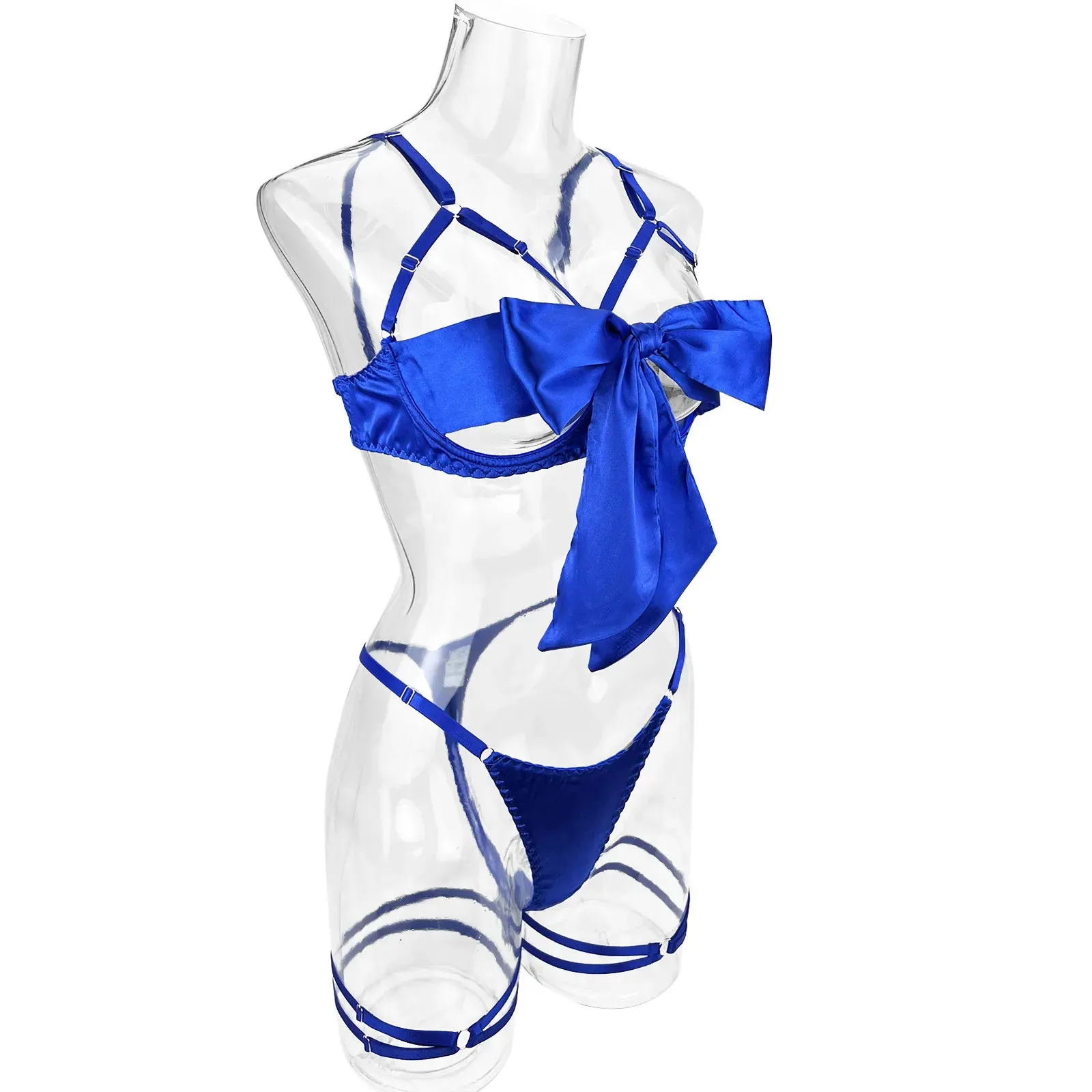 Cut Out Bow Lingerie Set 4 Colors Satin Cute Erotic Set Solid Brief Underwear Set Nightwear