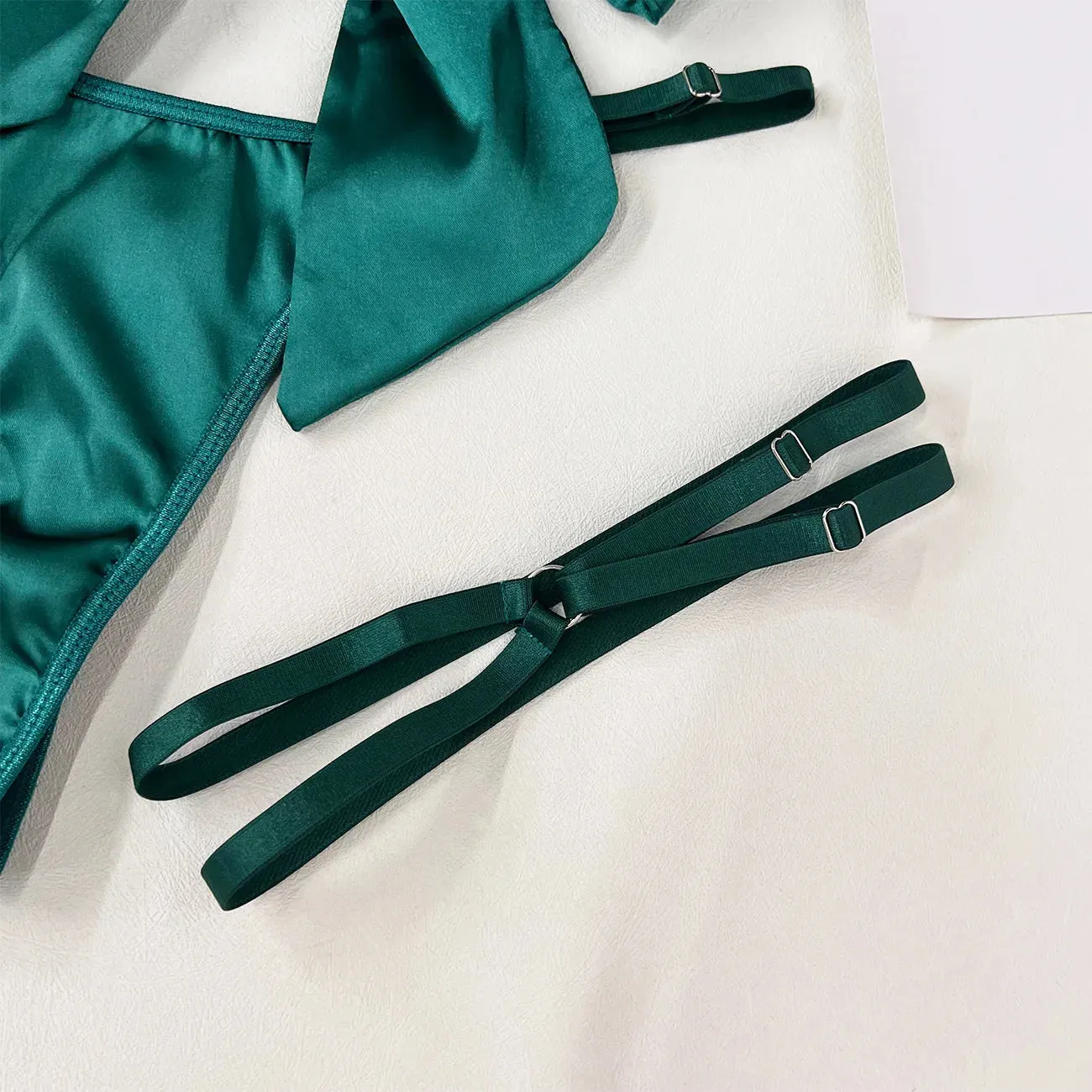 Cut Out Bow Lingerie Set 4 Colors Satin Cute Erotic Set Solid Brief Underwear Set Nightwear