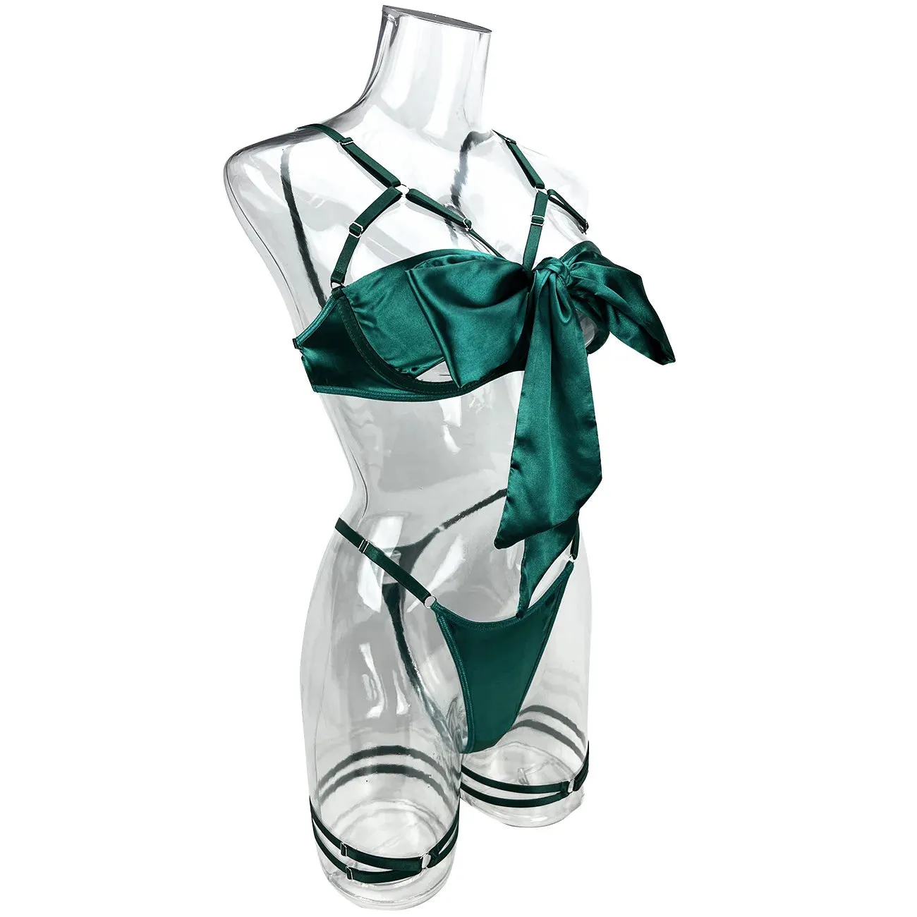 Cut Out Bow Lingerie Set 4 Colors Satin Cute Erotic Set Solid Brief Underwear Set Nightwear
