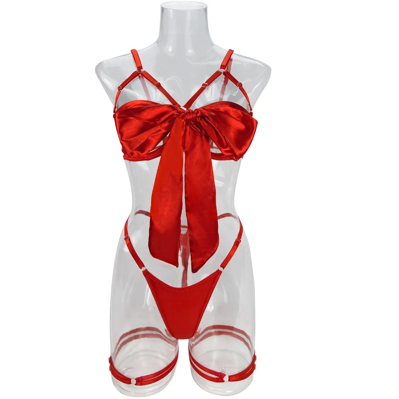 Cut Out Bow Lingerie Set 4 Colors Satin Cute Erotic Set Solid Brief Underwear Set Nightwear
