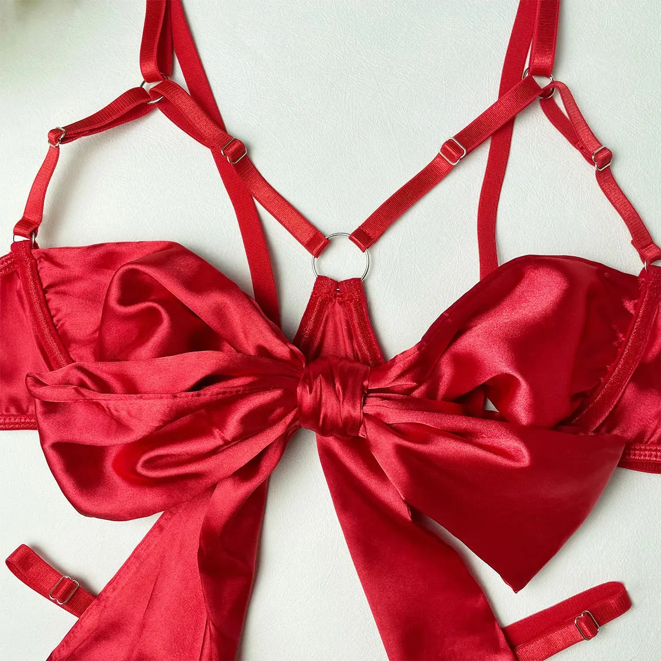 Cut Out Bow Lingerie Set 4 Colors Satin Cute Erotic Set Solid Brief Underwear Set Nightwear