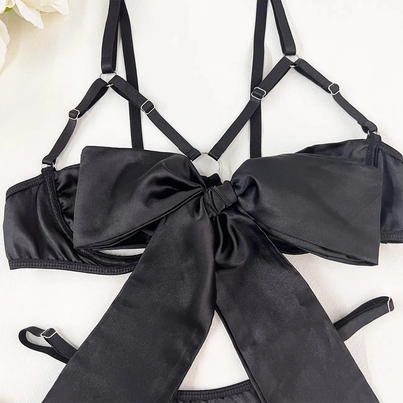 Cut Out Bow Lingerie Set 4 Colors Satin Cute Erotic Set Solid Brief Underwear Set Nightwear