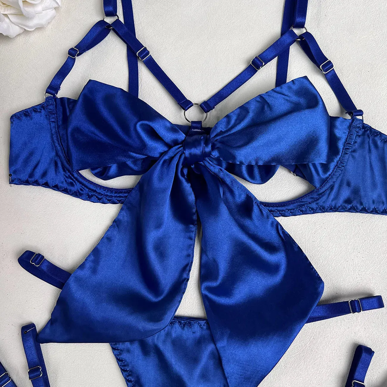 Cut Out Bow Lingerie Set 4 Colors Satin Cute Erotic Set Solid Brief Underwear Set Nightwear